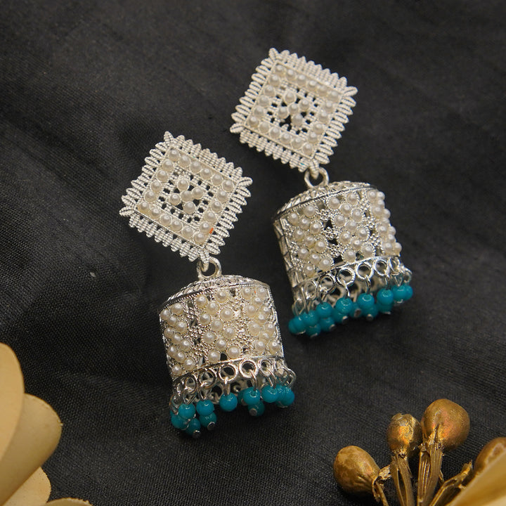 Antique Designer Oxidized white and blue Jhumka Earrings