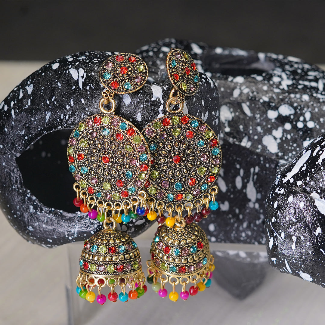 Oxidised Gold Plated Austrian Stone Jhumki Earrings