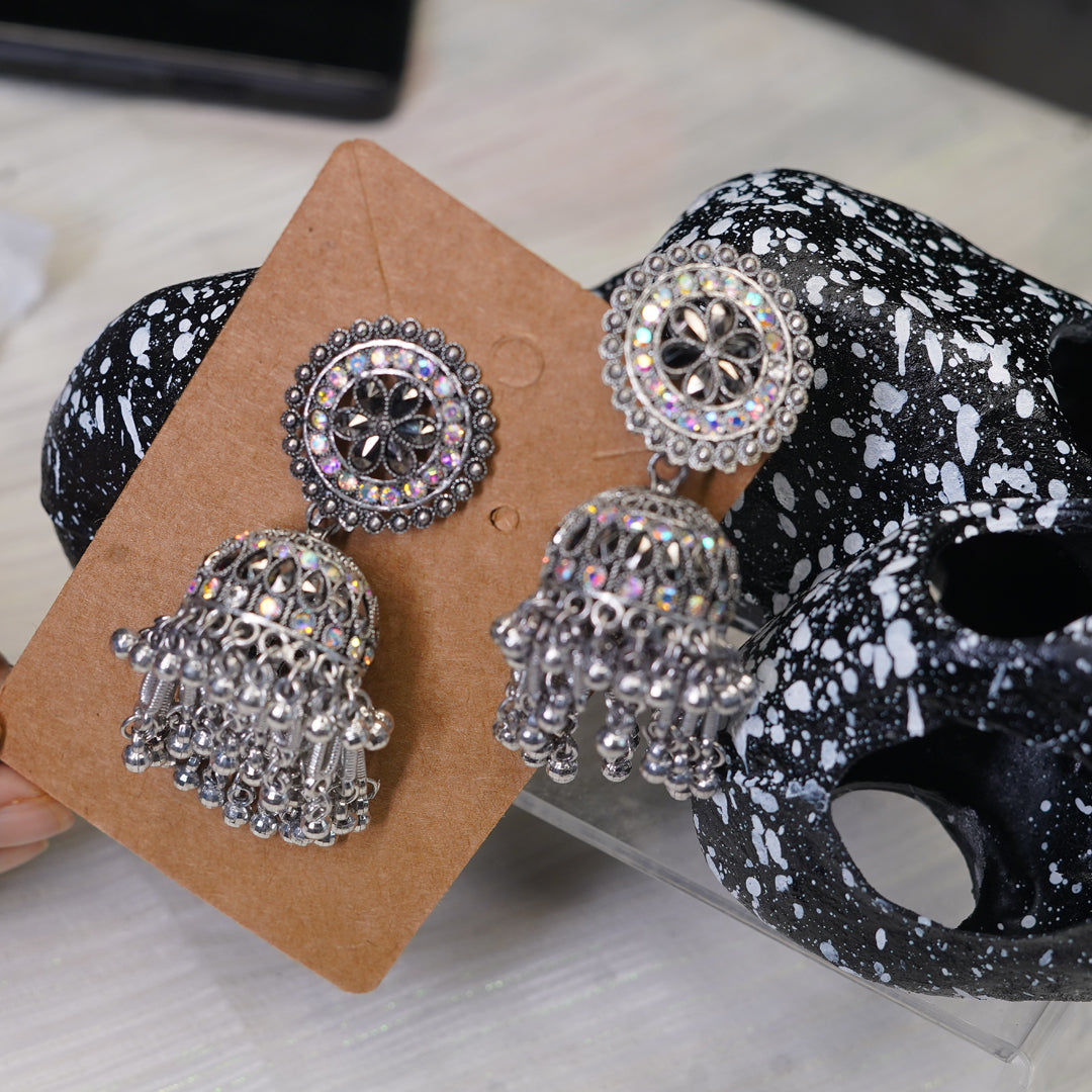 Crafted Silver Plated Pearly Beads Jhumka Earrings