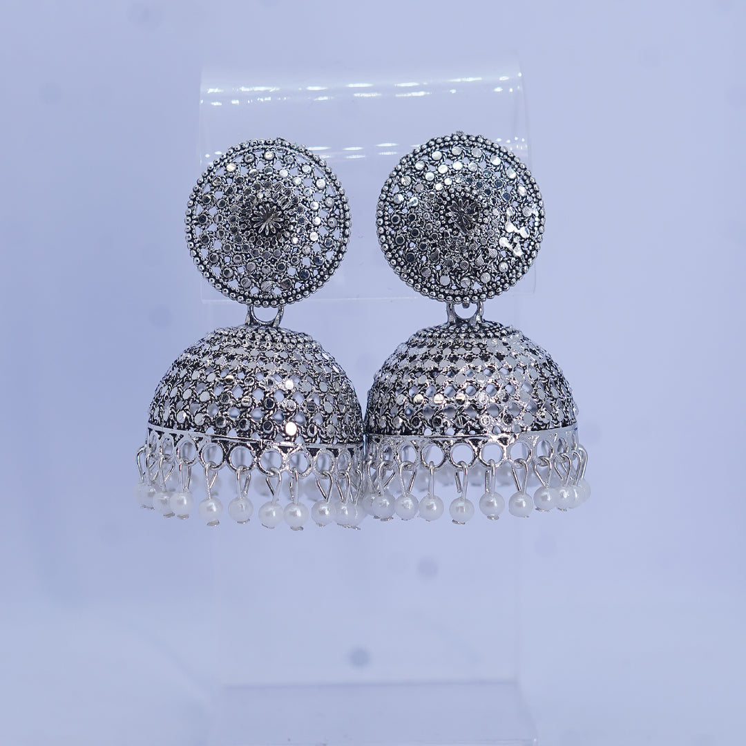 Crafted Silver Plated Pearly Beads Jhumka Earrings