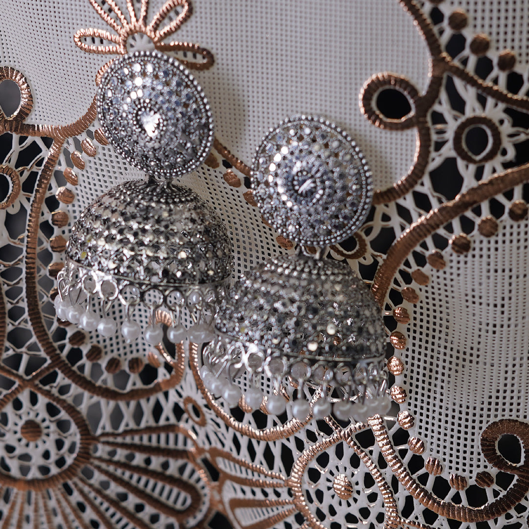 Crafted Silver Plated Pearly Beads Jhumka Earrings