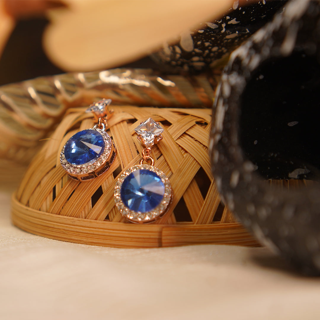 Blue Crystal Halo Drop Leverback Earrings