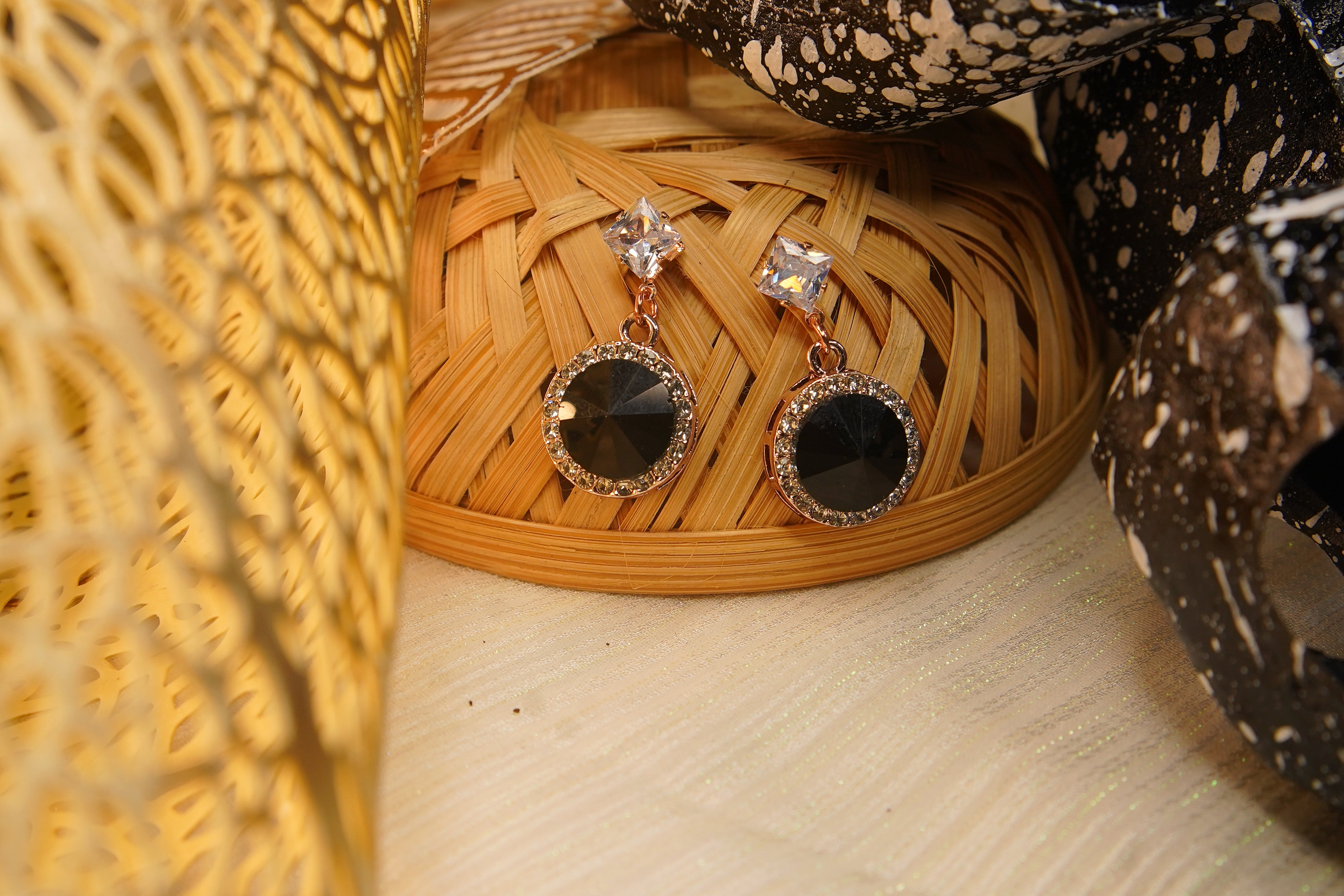 Golden Plating Black Stone Drop Earrings