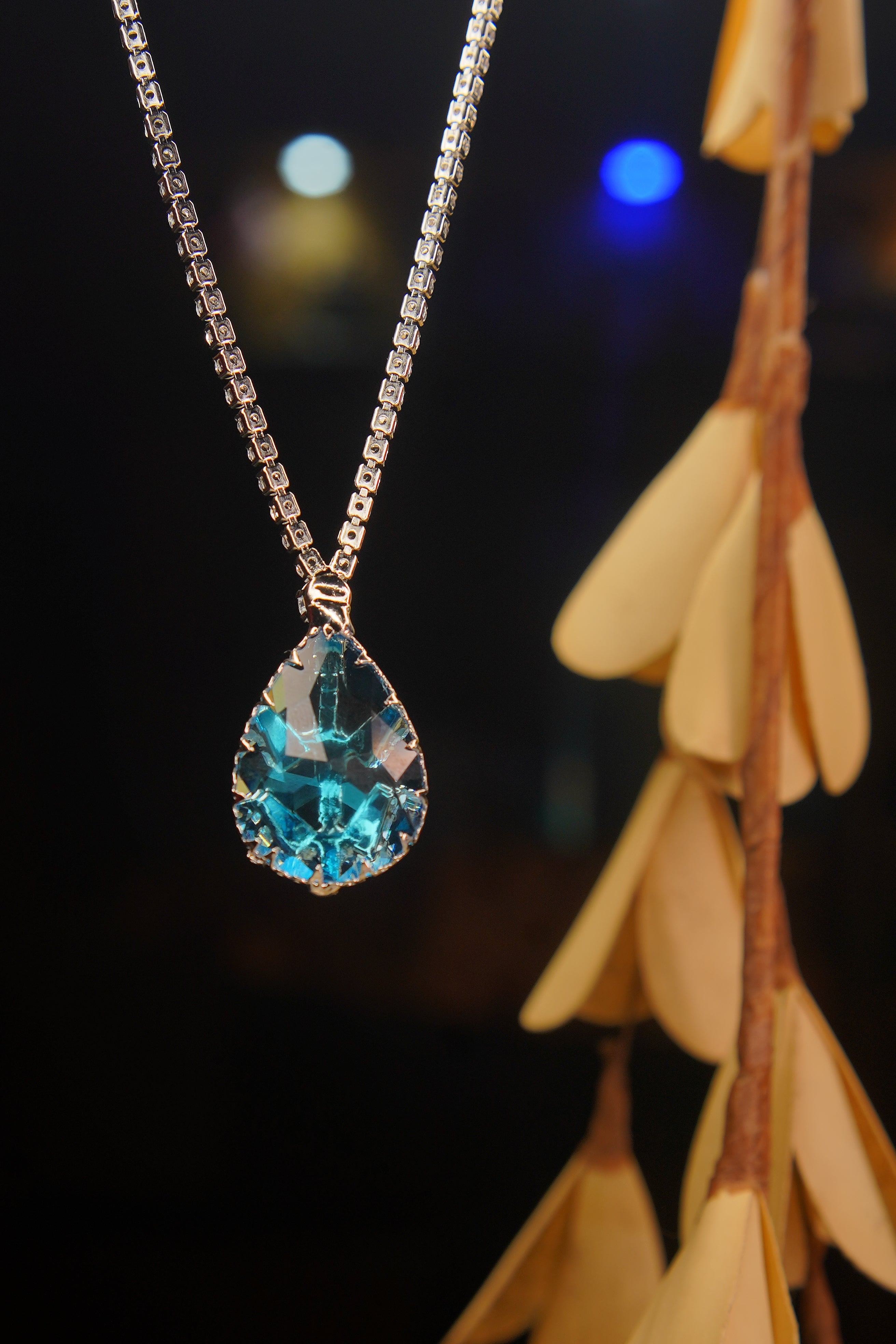 Silver Sapphire Pendant Chain With AD Stone