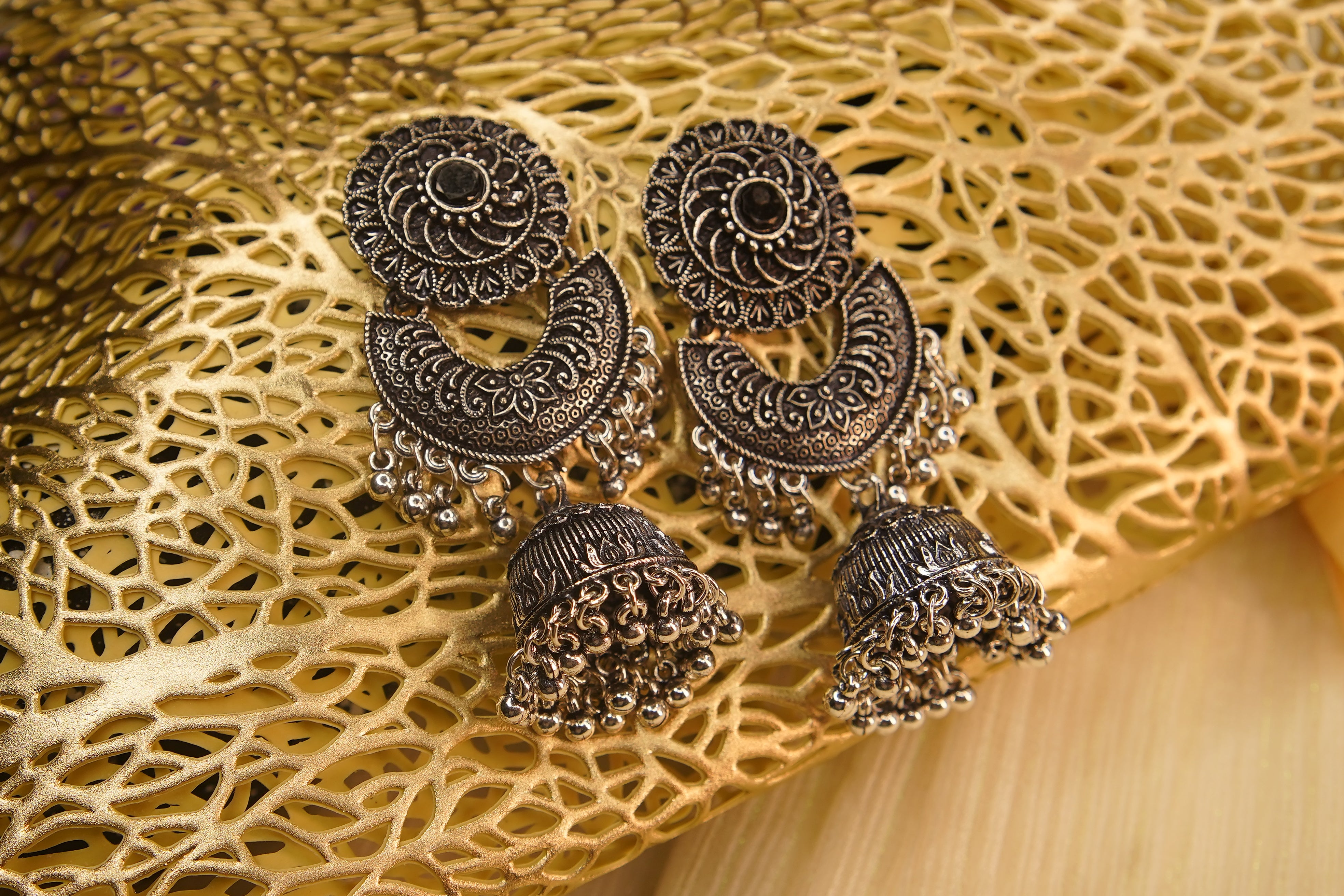 Silver Plated Oxidised Monalisha Stone Jhumka