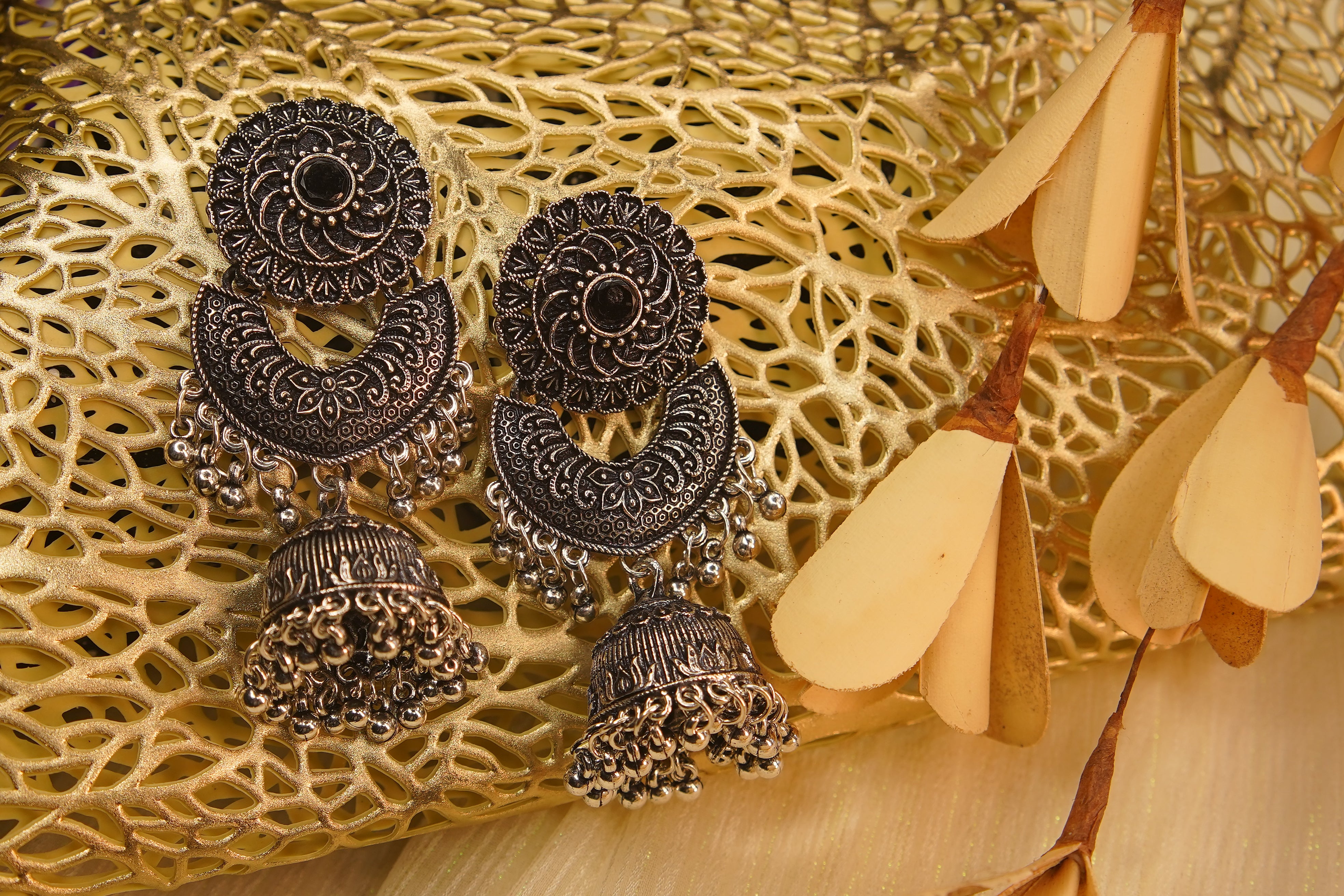 Silver Plated Oxidised Monalisha Stone Jhumka