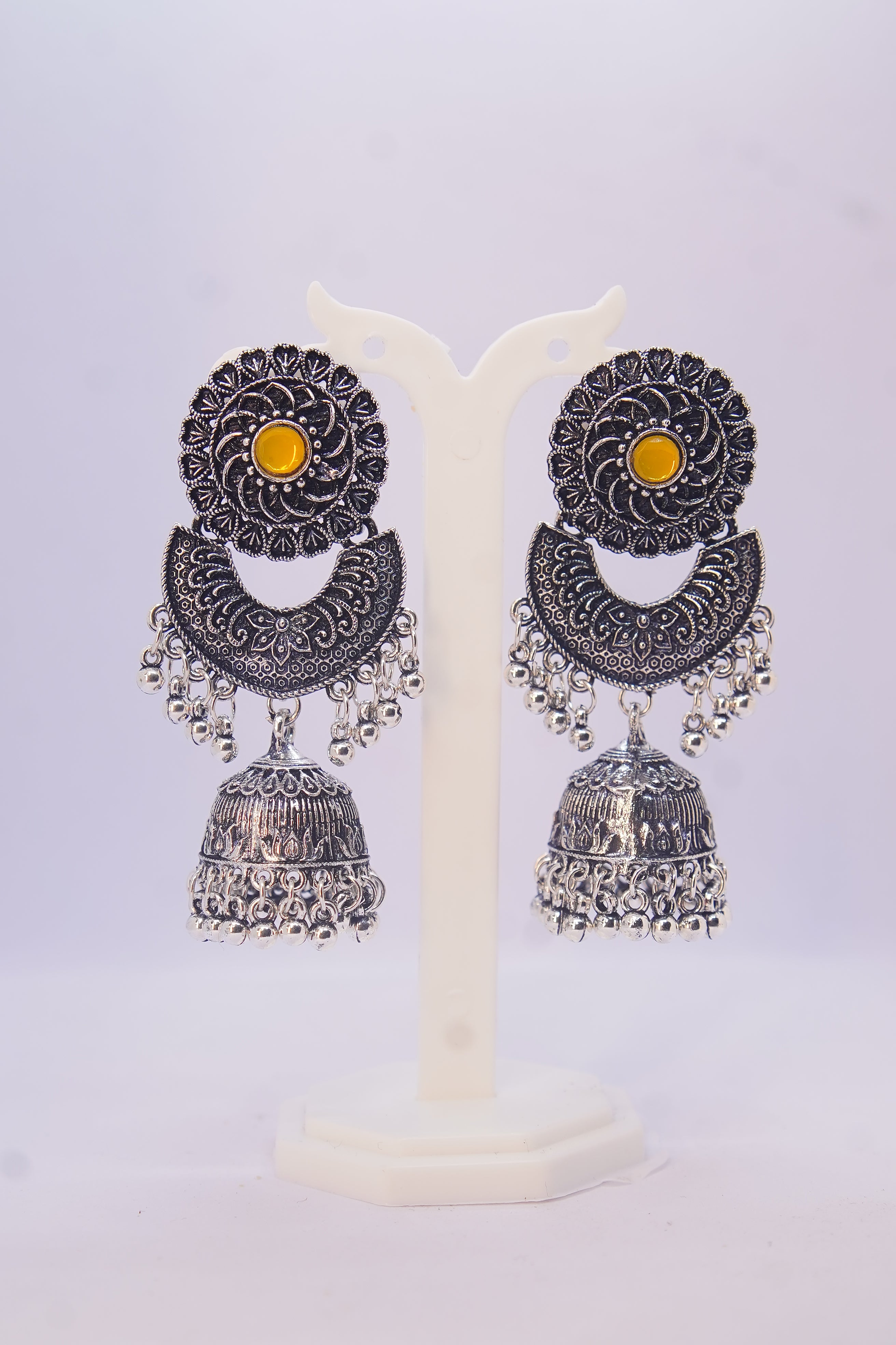 Silver Plated Oxidised Monalisha Stone Jhumka