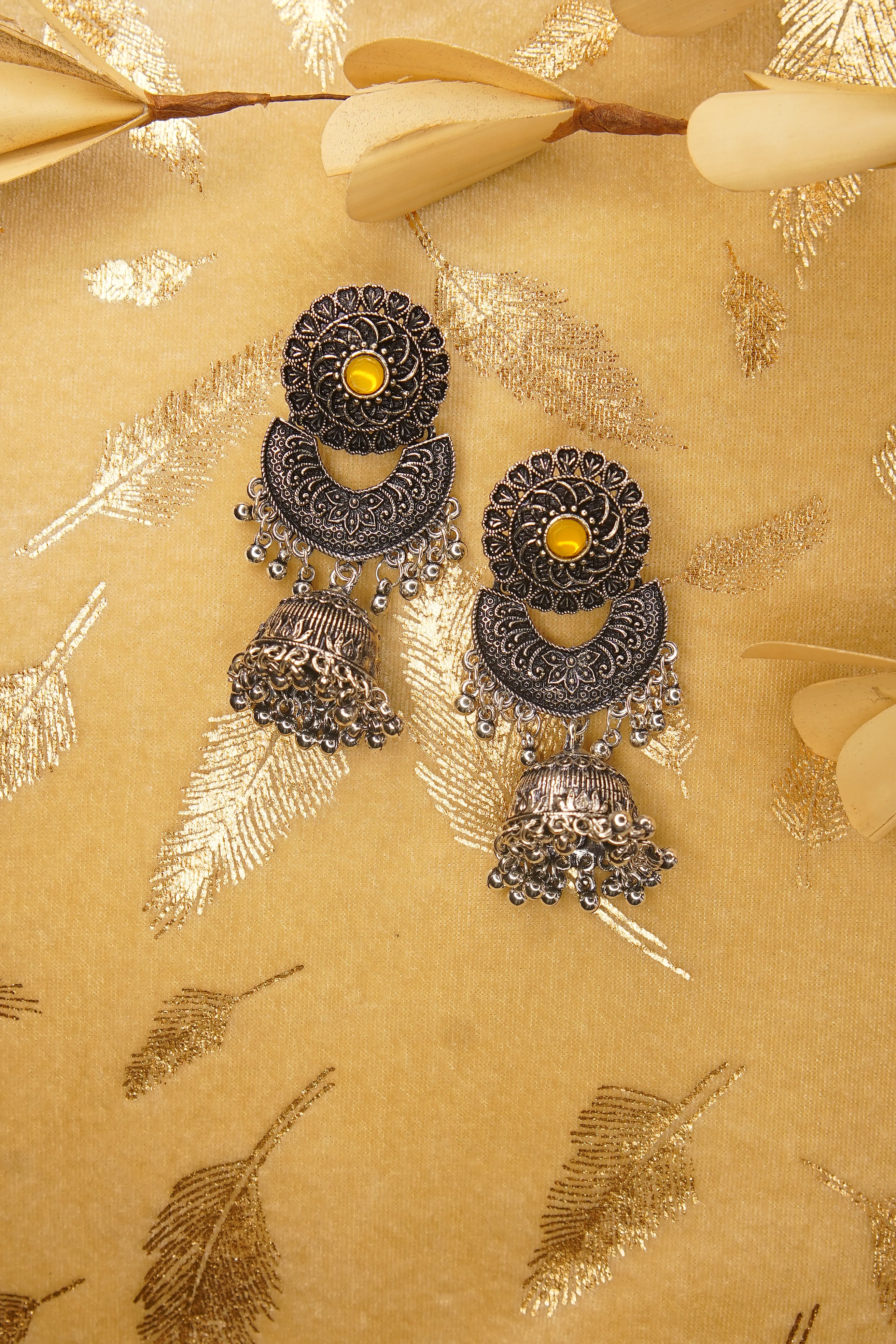 Silver Plated Oxidised Monalisha Stone Jhumka