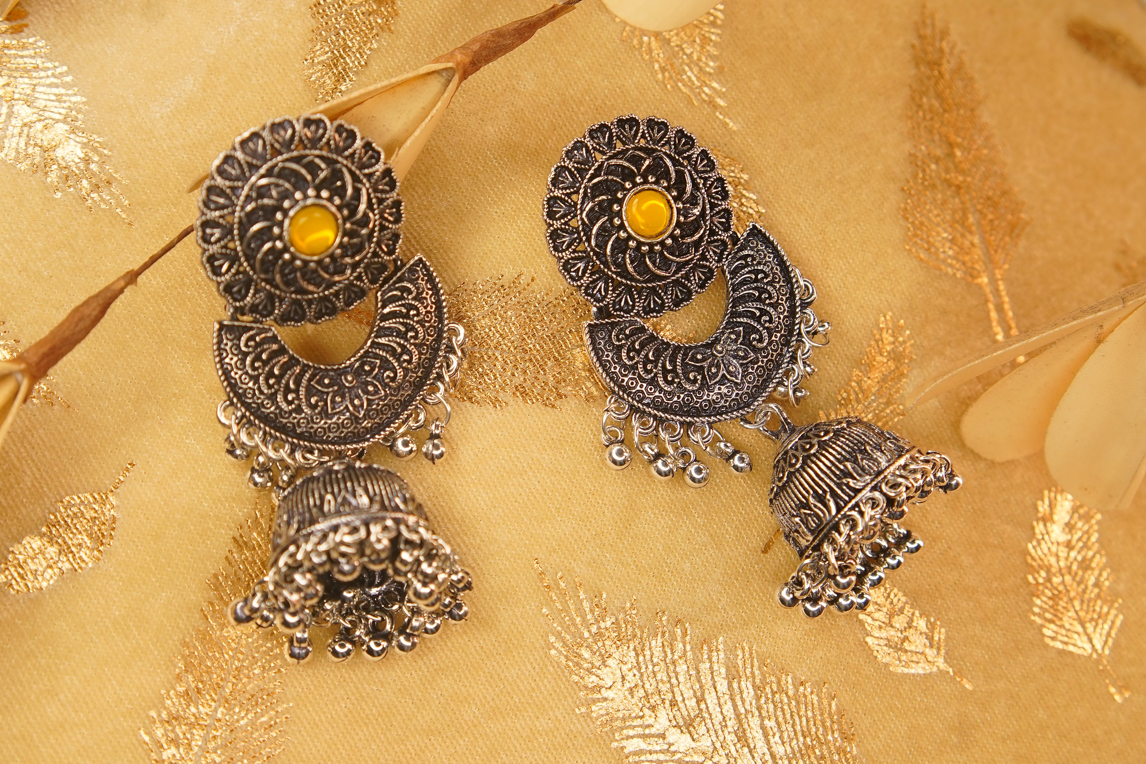 Silver Plated Oxidised Monalisha Stone Jhumka