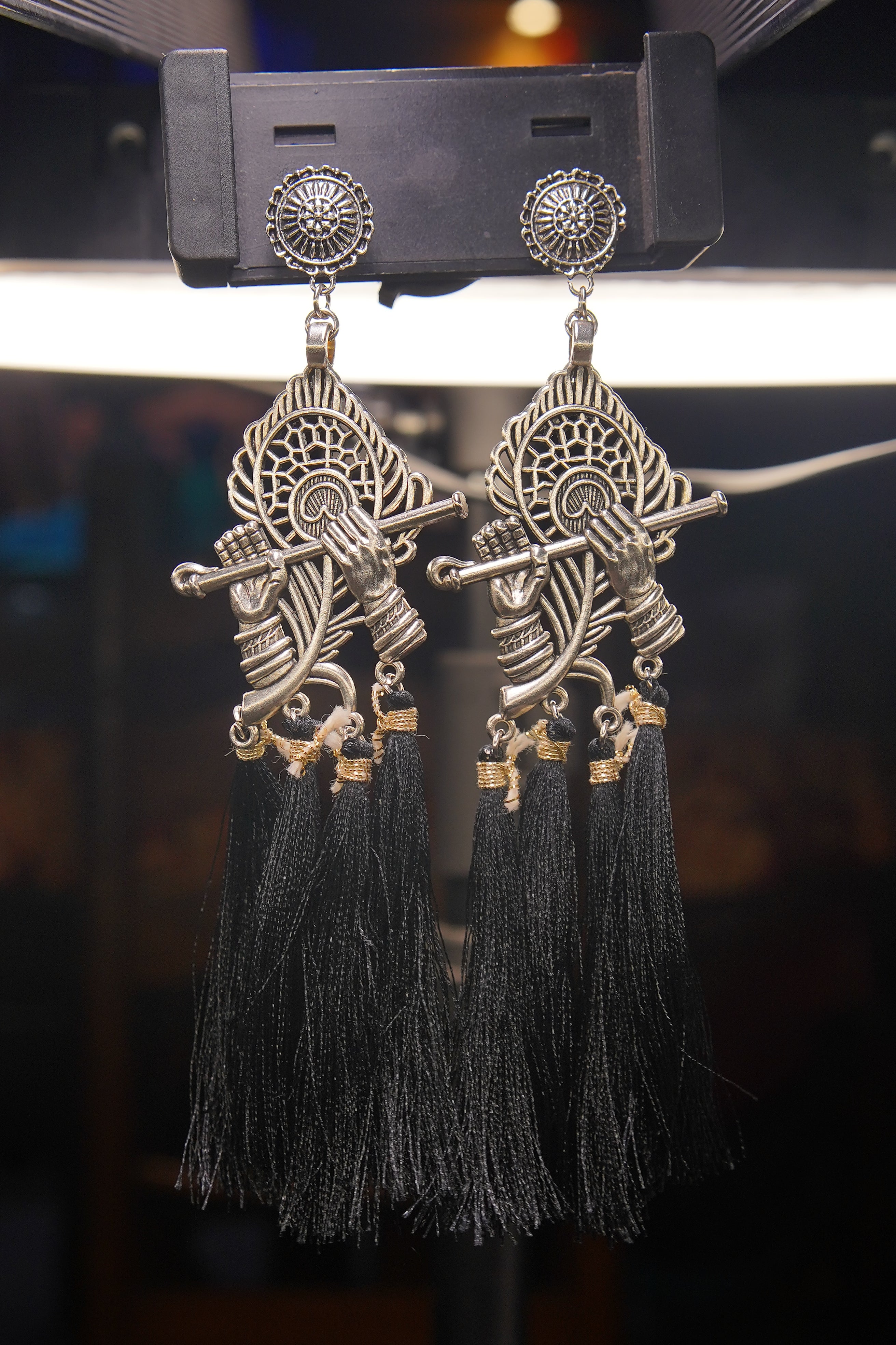 Designer Silver Plated Crafted Oxidised Krishna Earrings