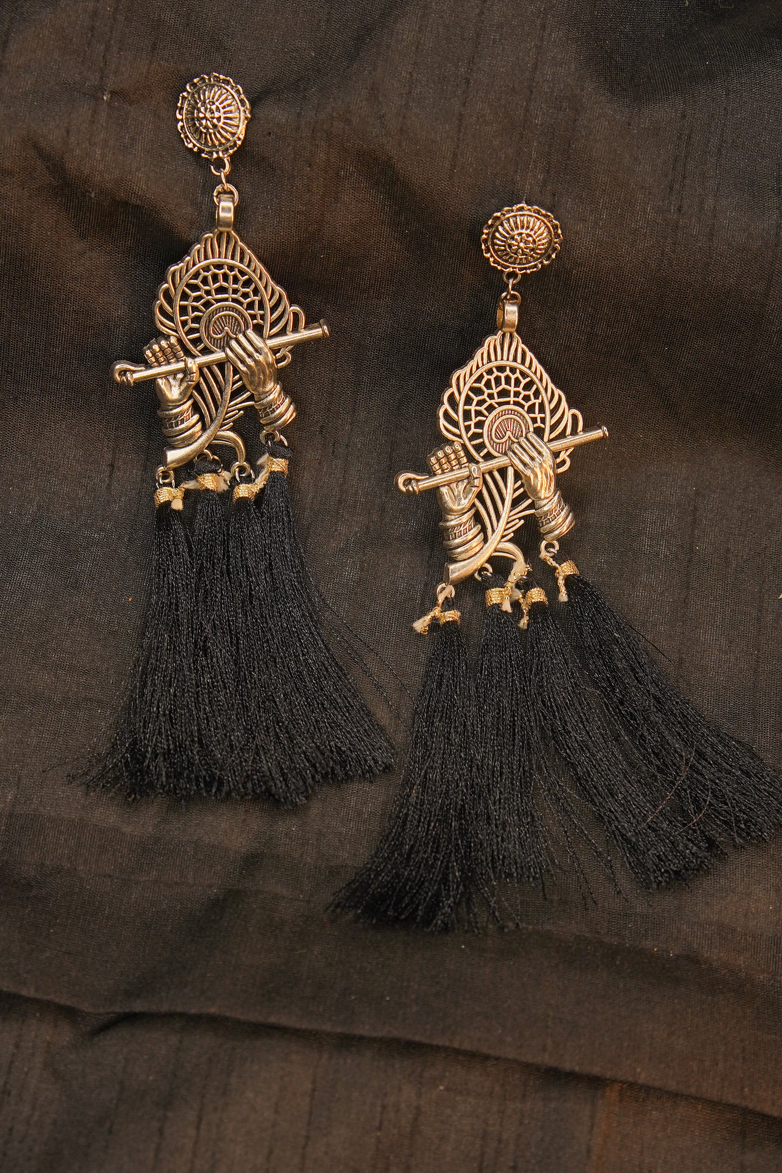 Designer Silver Plated Crafted Oxidised Krishna Earrings