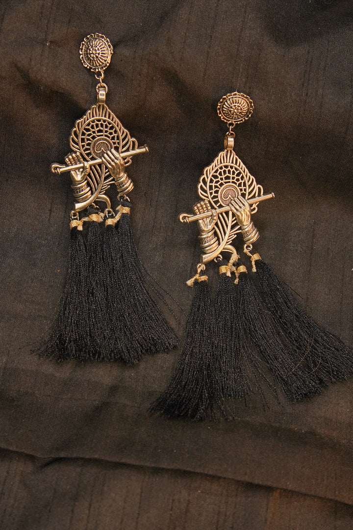 Designer Silver Plated Crafted Oxidised Krishna Earrings