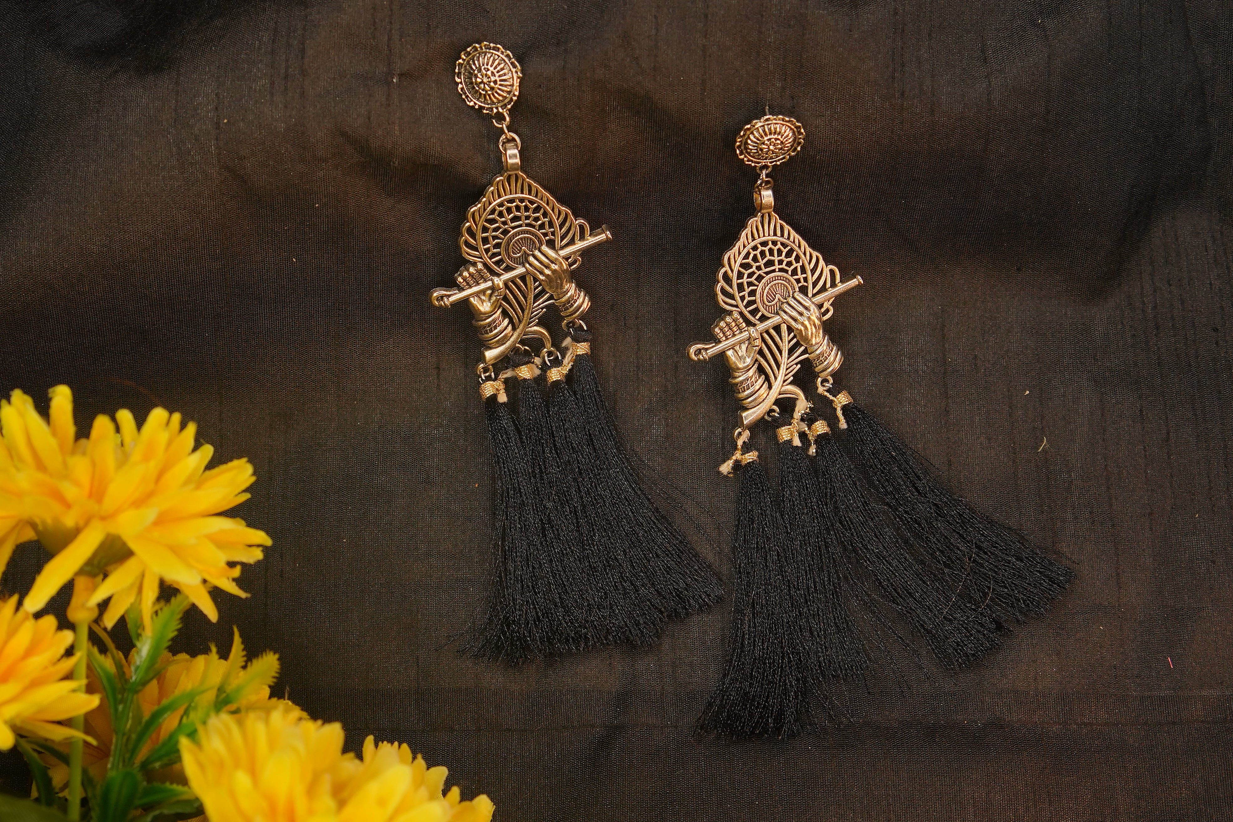Designer Silver Plated Crafted Oxidised Krishna Earrings