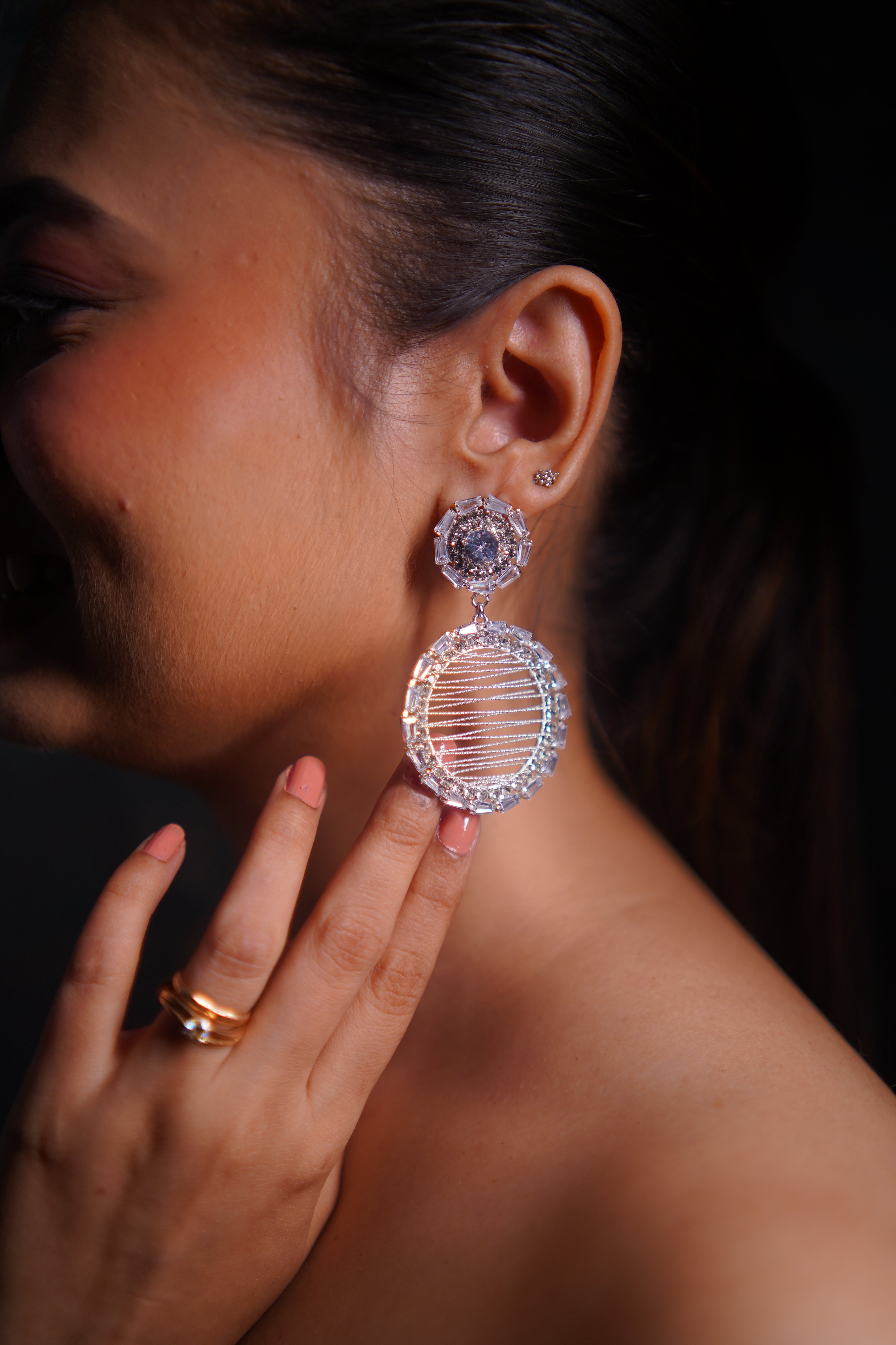 White Threaded AD Stone Drop Earrings