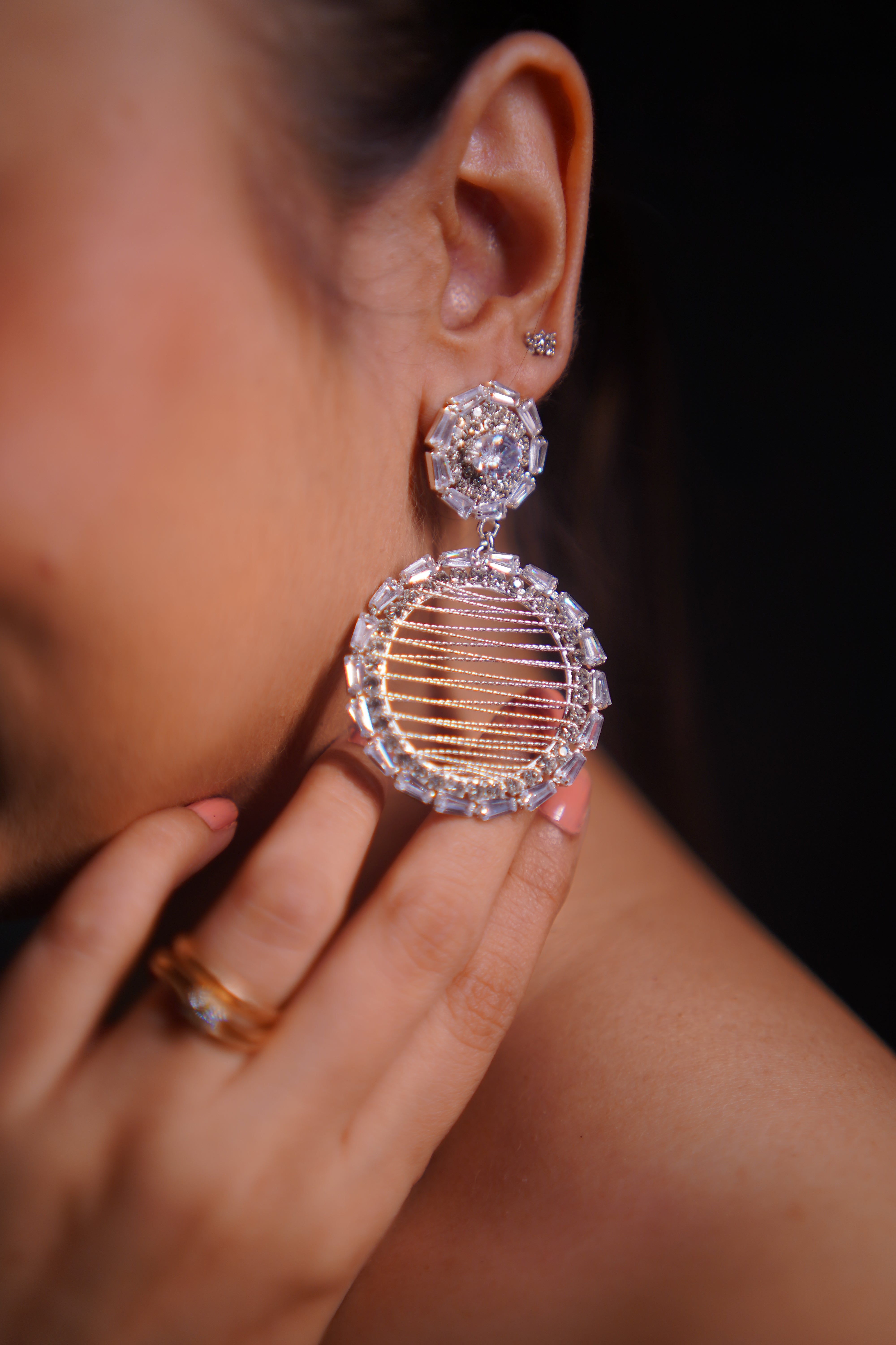 White Threaded AD Stone Drop Earrings