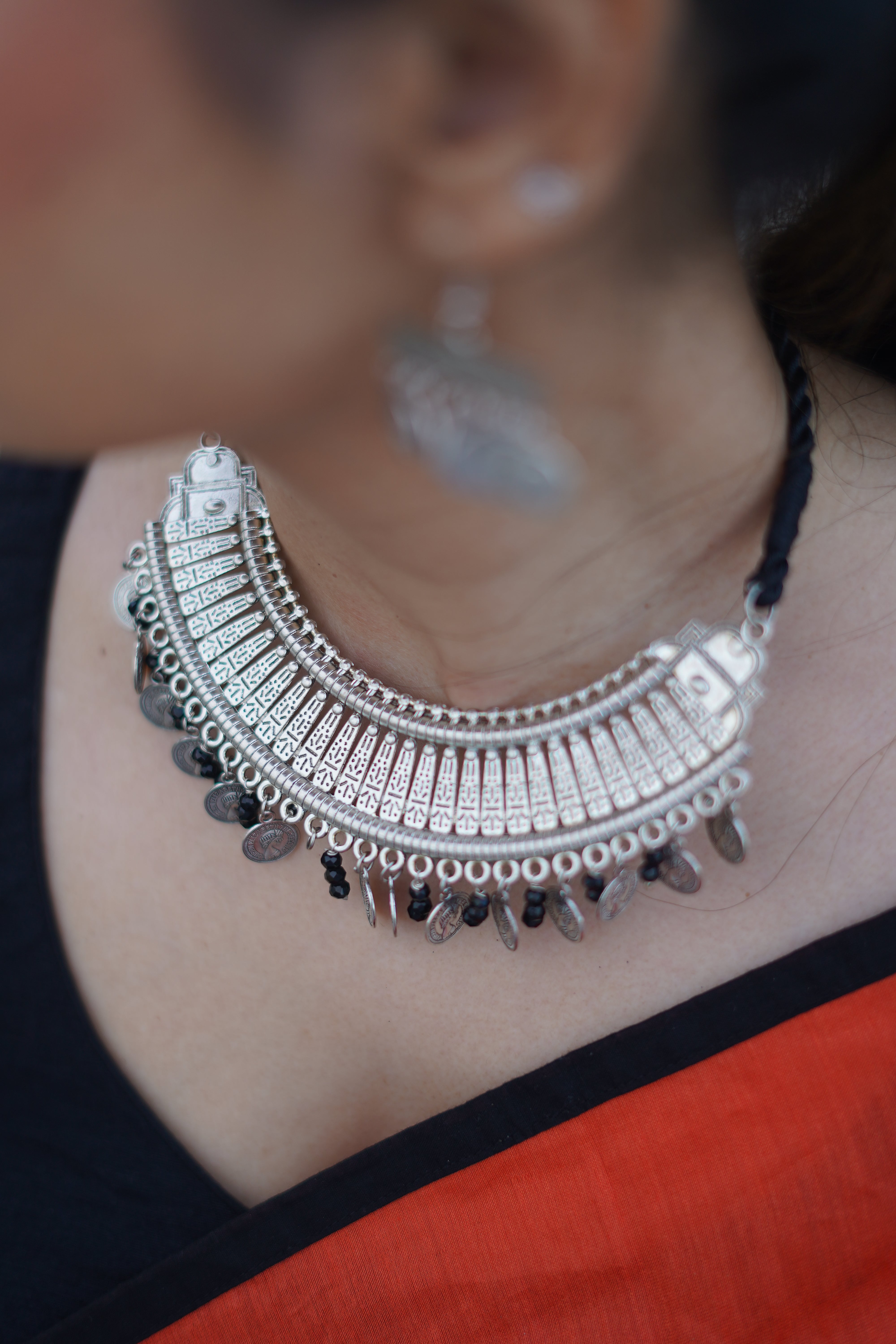 Designer Contemporary Silver Oxidised Ginni Neckwear Set