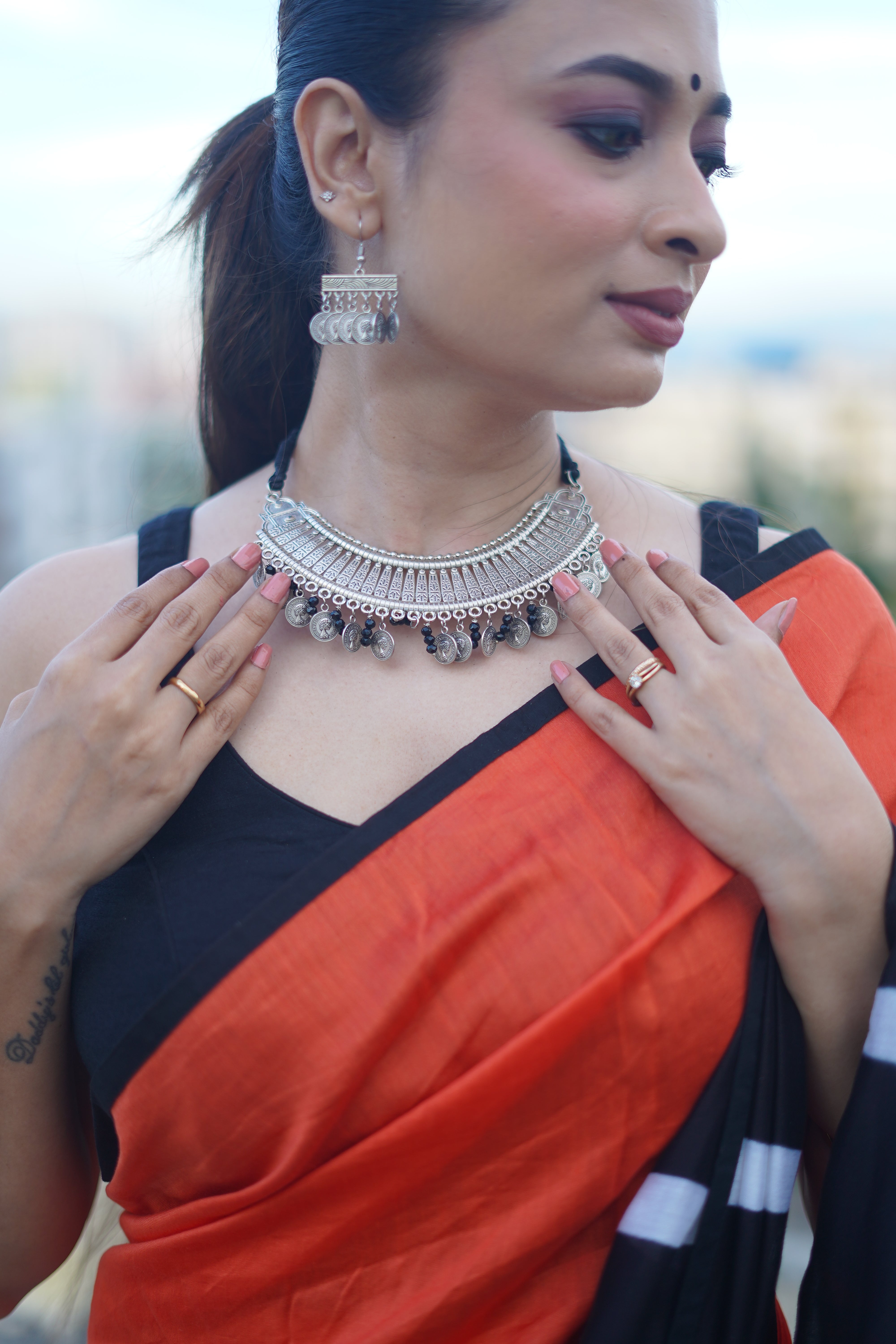 Designer Contemporary Silver Oxidised Ginni Neckwear Set