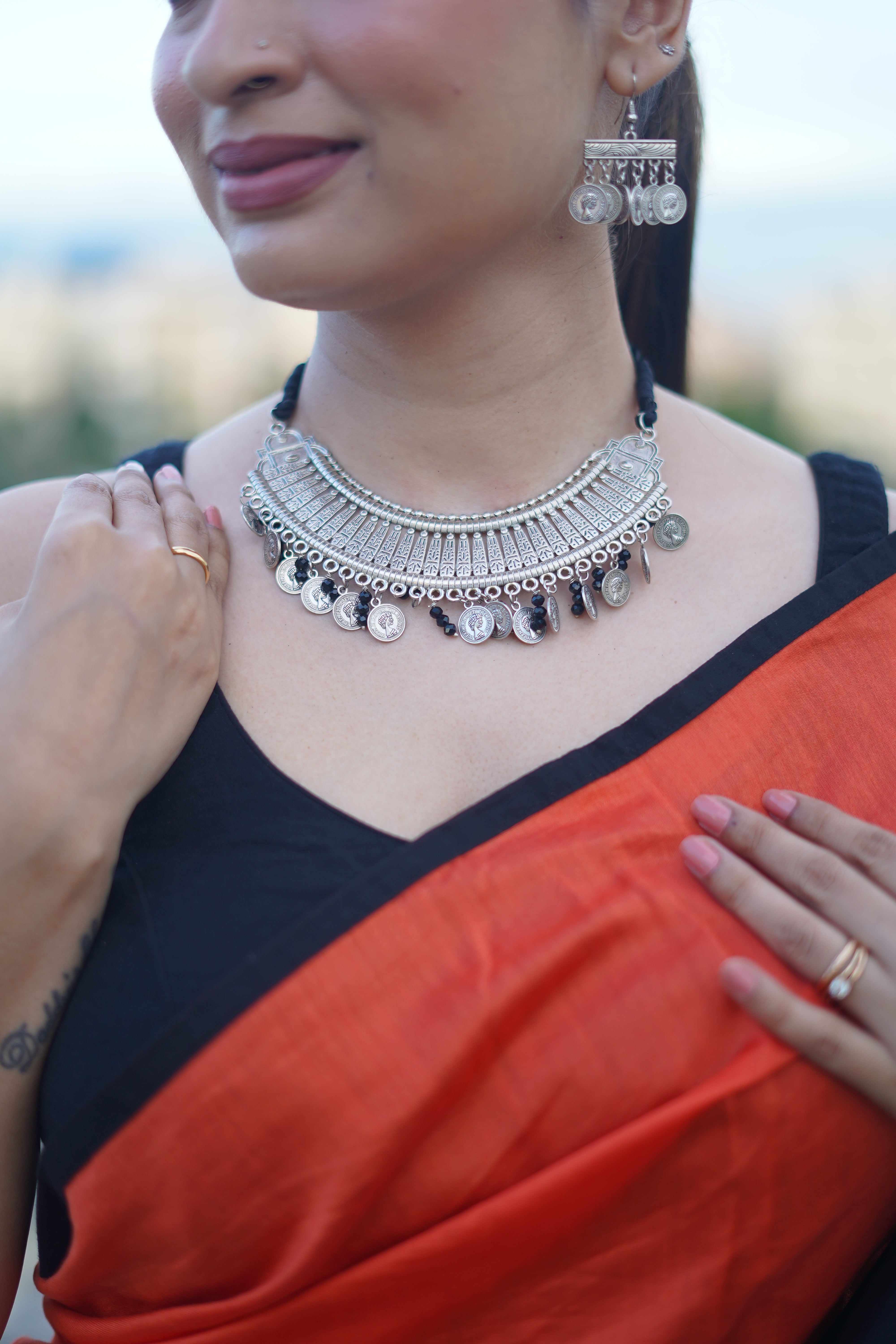 Designer Contemporary Silver Oxidised Ginni Neckwear Set