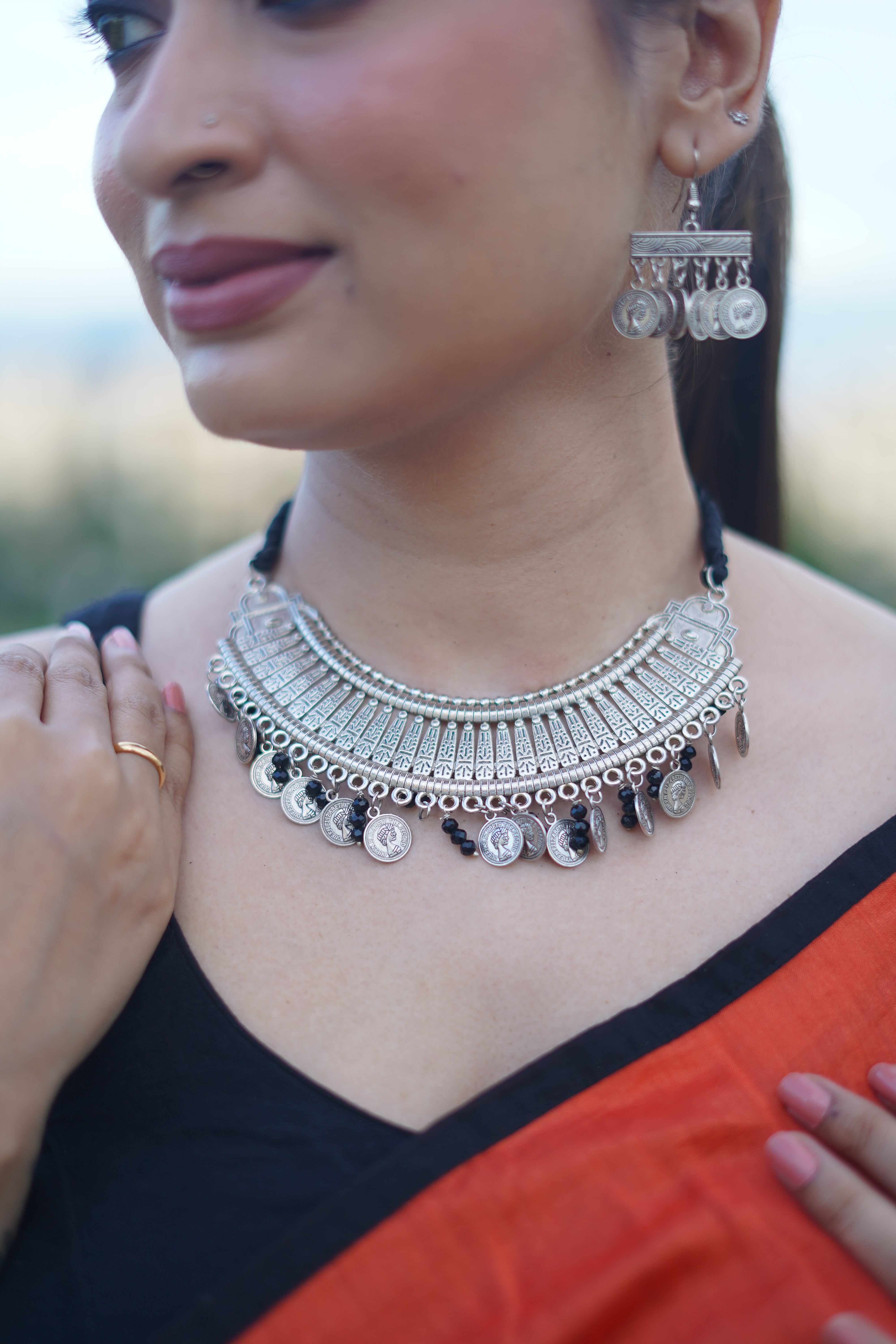 Designer Contemporary Silver Oxidised Ginni Neckwear Set