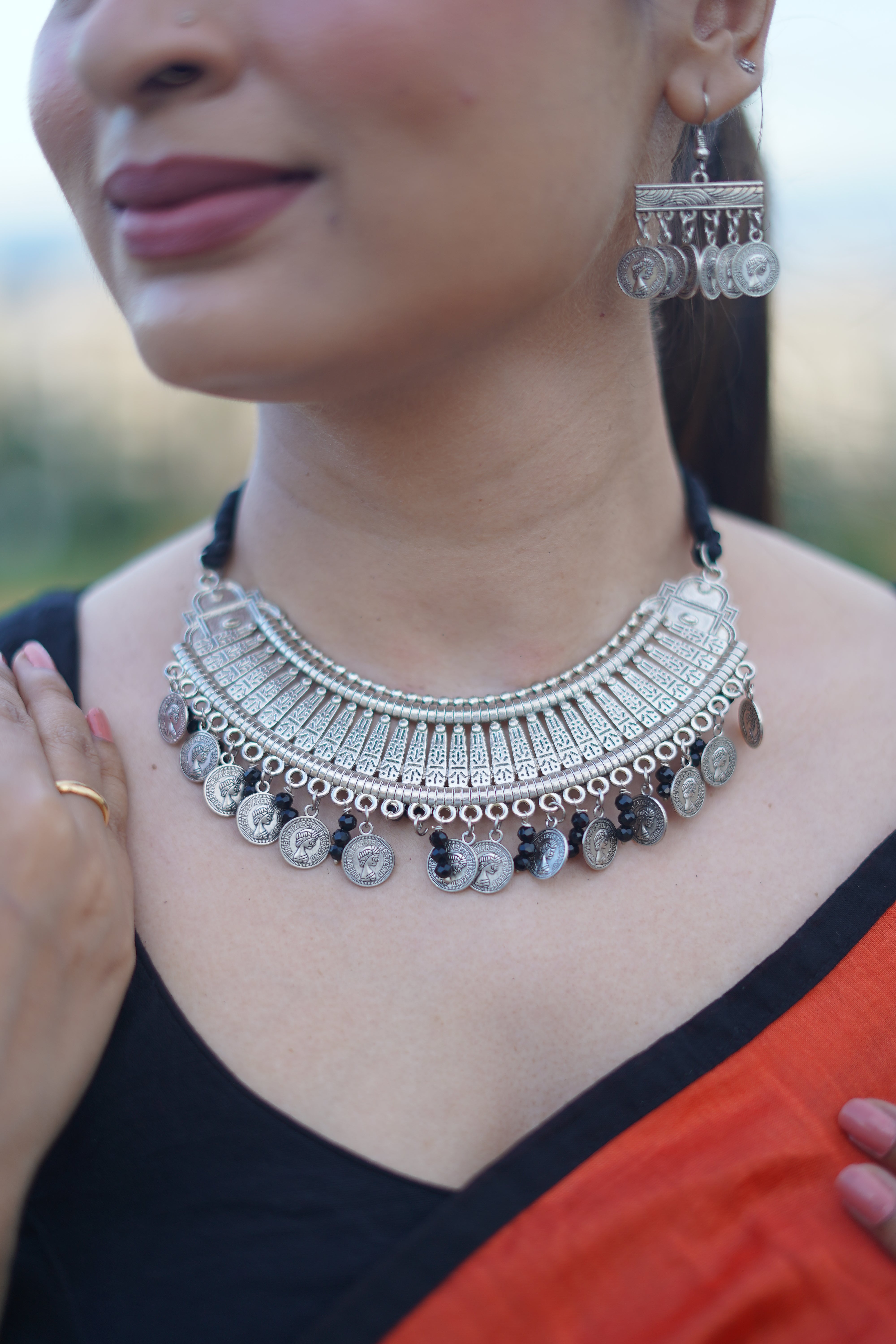 Designer Contemporary Silver Oxidised Ginni Neckwear Set