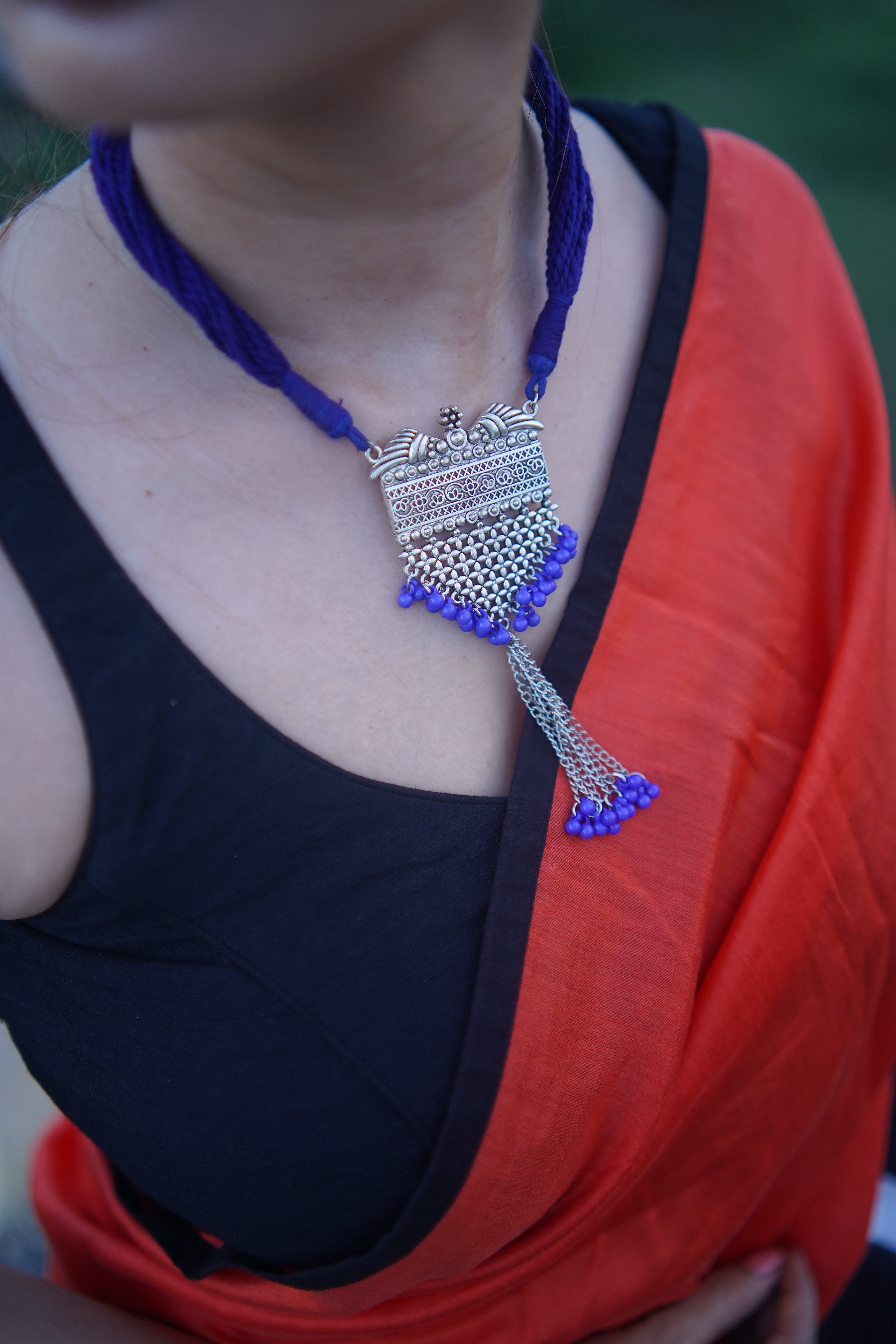 Contemporary Silver Oxidised Blue Neckwear Set