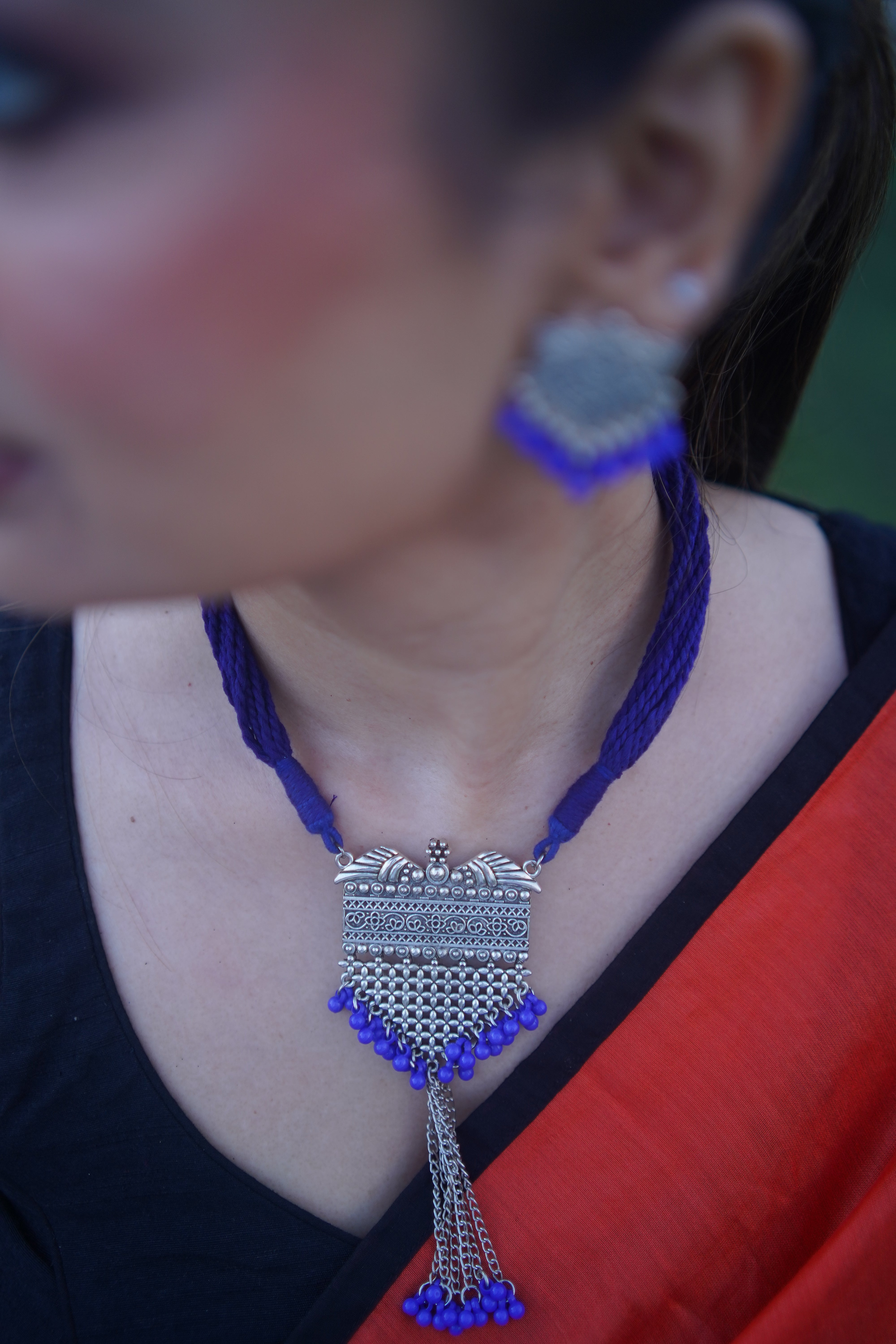 Contemporary Silver Oxidised Blue Neckwear Set