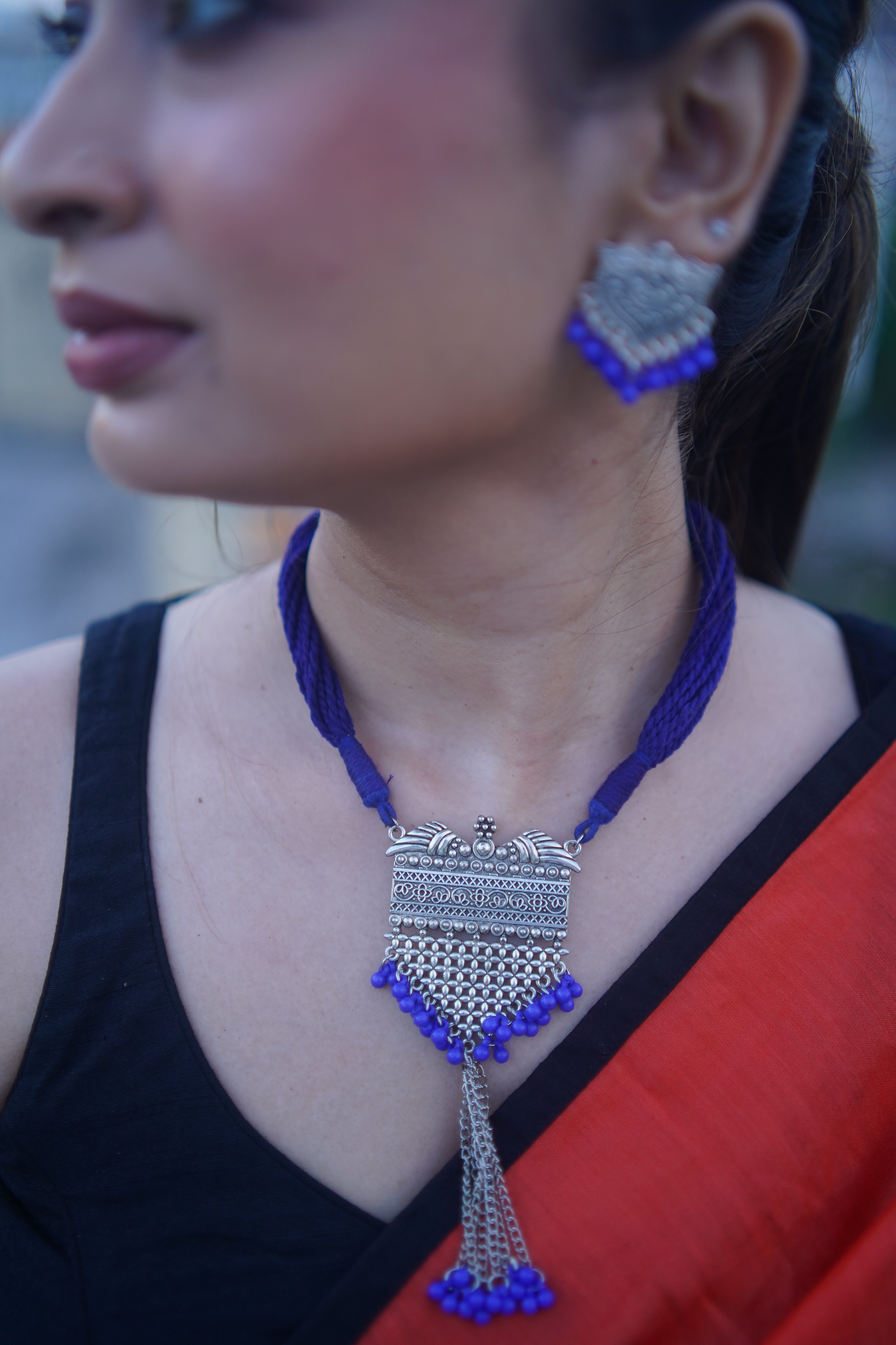 Contemporary Silver Oxidised Blue Neckwear Set
