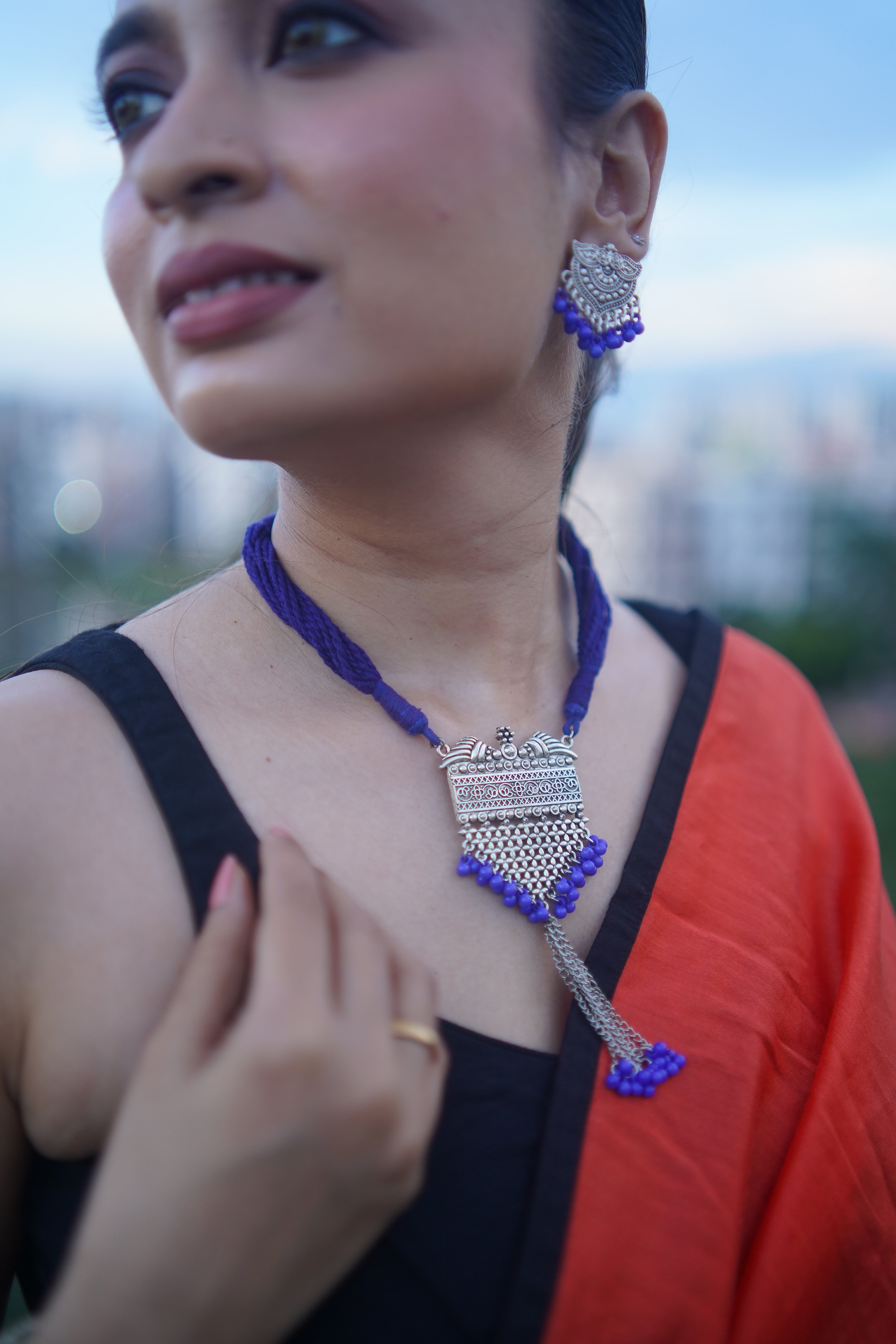 Contemporary Silver Oxidised Blue Neckwear Set