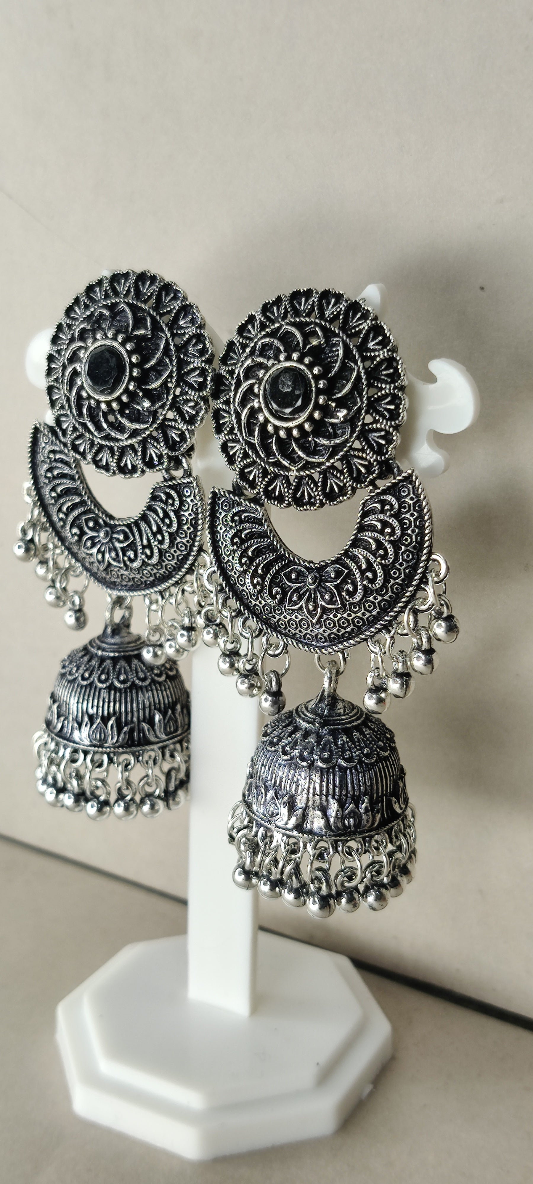 Silver Plated Oxidised Monalisha Stone Jhumka