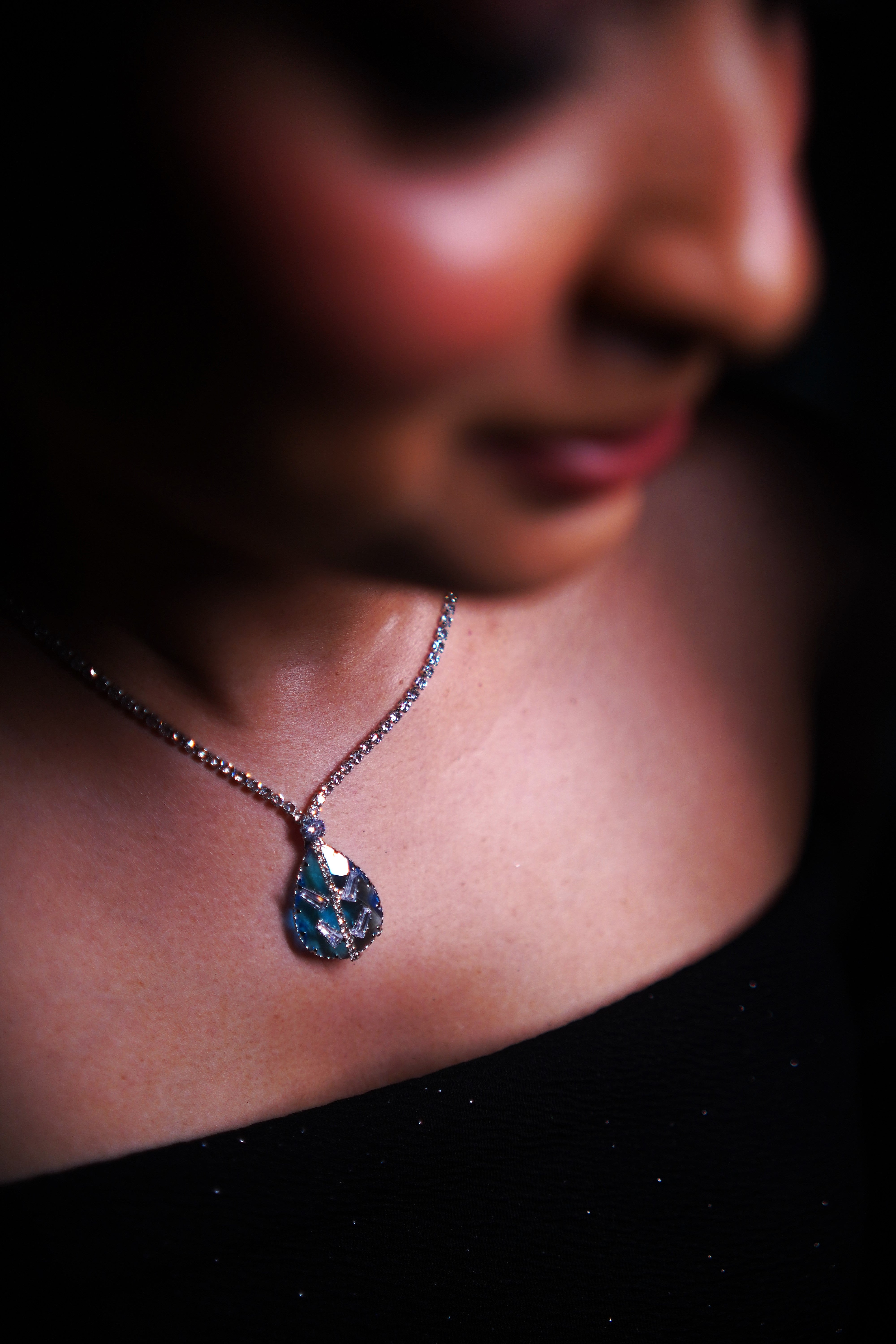 Silver Sapphire Pendant Chain With AD Stone